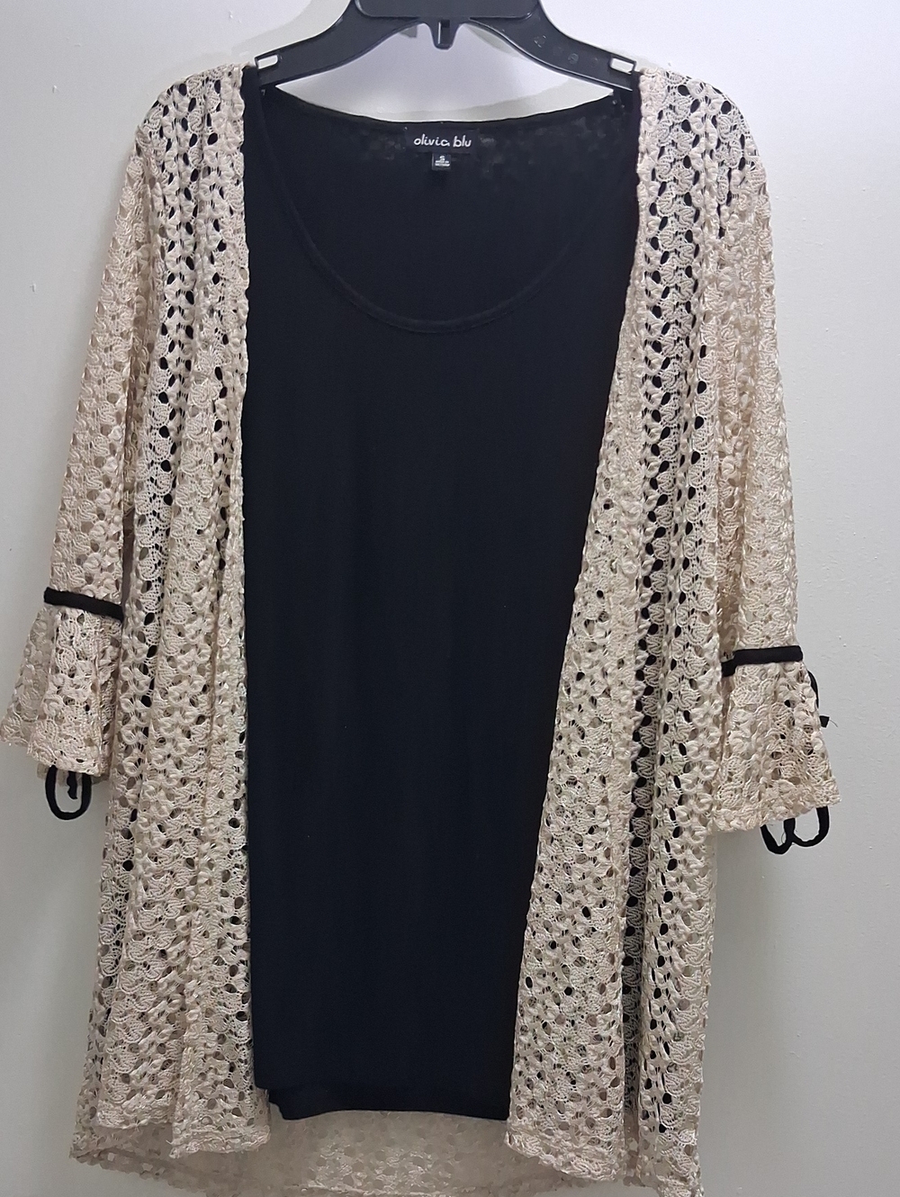 Olivia Blu Cream Crochet Open-Front Cardigan with Black Trim